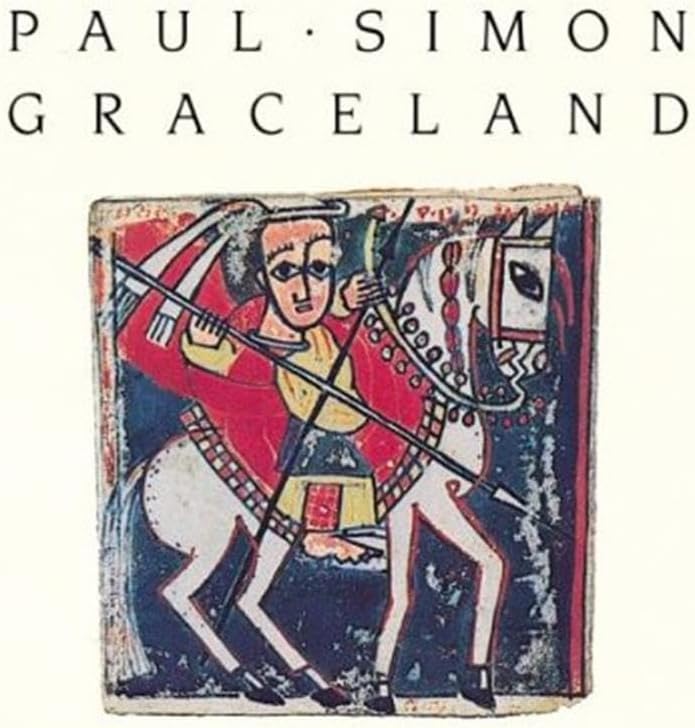 Album cover for Paul Simon's 'Graceland' featuring a stylized folk-art illustration of a man on a horse against a cream background with the album title and artist name in black text.