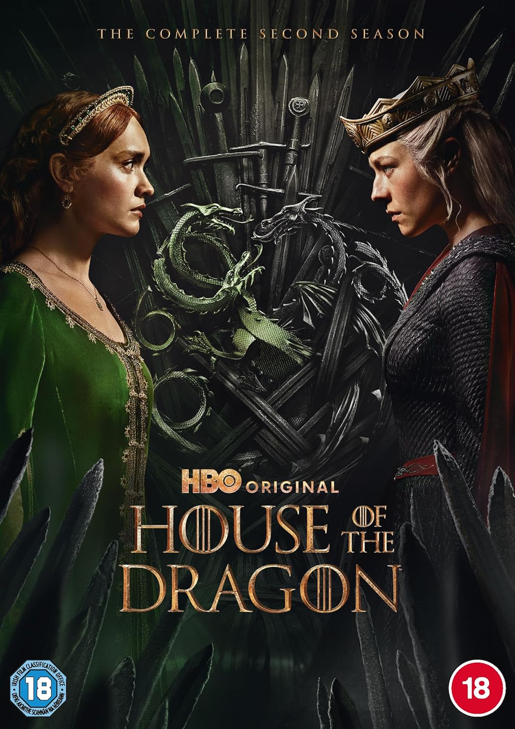DVD cover for House of the Dragon Season 2 featuring two female characters, one in a green dress and the other in a black and gold outfit, with a dragon in the background.