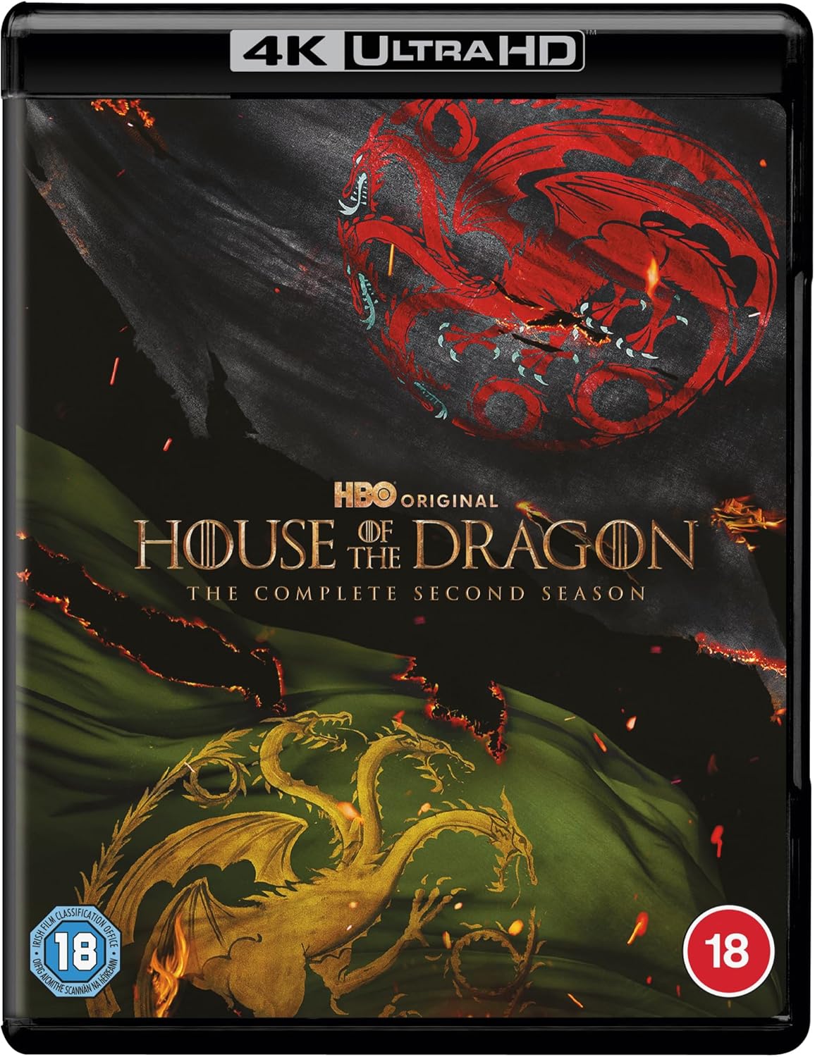 Blu-ray cover for 'House of the Dragon Season 2' featuring a dragon image, with '4K Ultra HD' and '18+' age rating indicators.