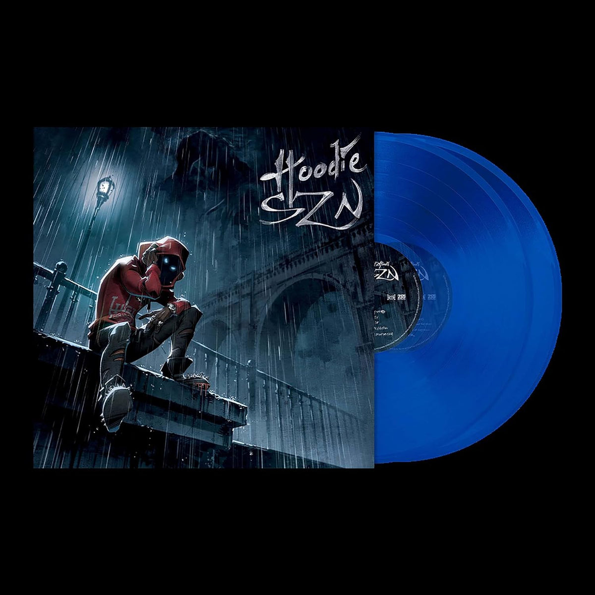 Vinyl record with a cover featuring a person sitting on a ledge under rain, with 'Hoodie SZN' text.