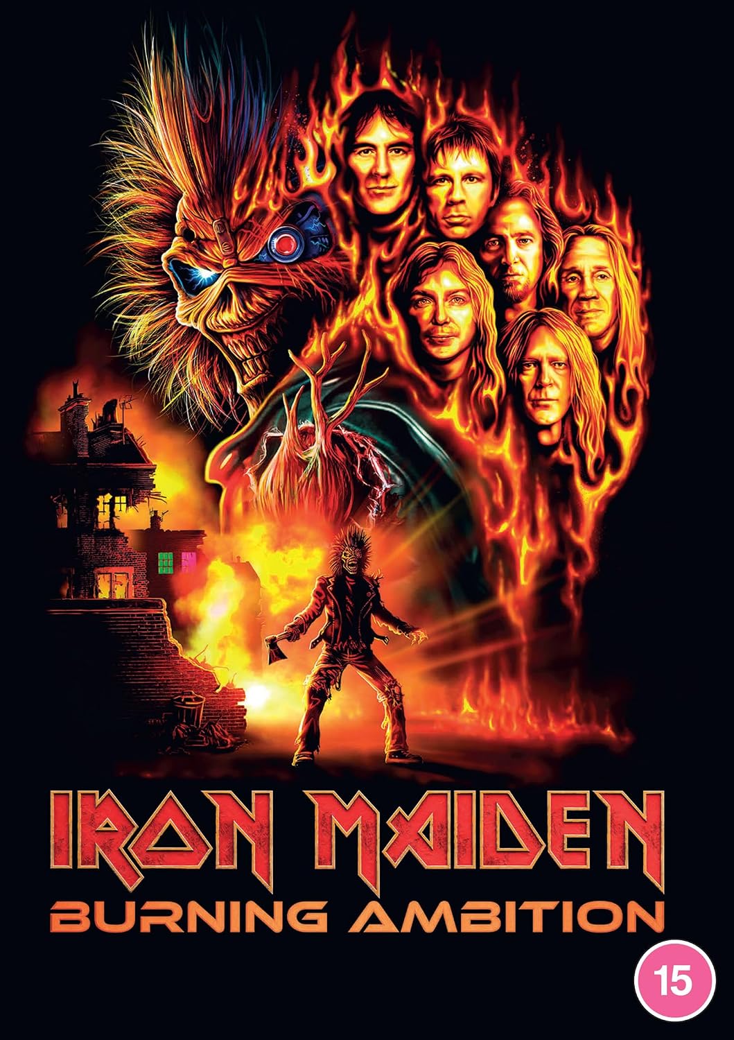 Iron Maiden 'Burning Ambition' album cover artwork on a black background, featuring the band members' faces engulfed in flames, a fiery creature, a silhouetted figure, and the title in large red lettering. A pink '15' age rating badge appears in the lower right corner.