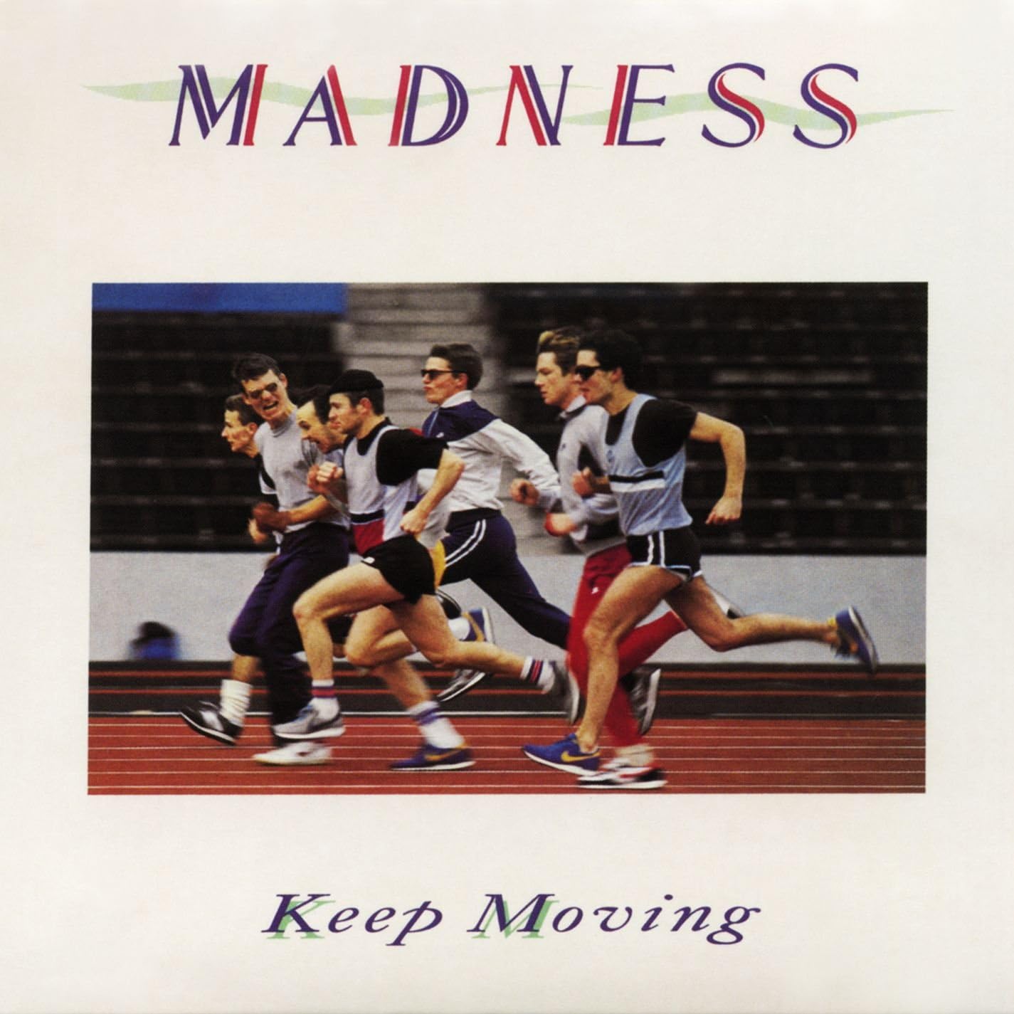 Album cover for 'Keep Moving' by Madness featuring a group of runners on a track.