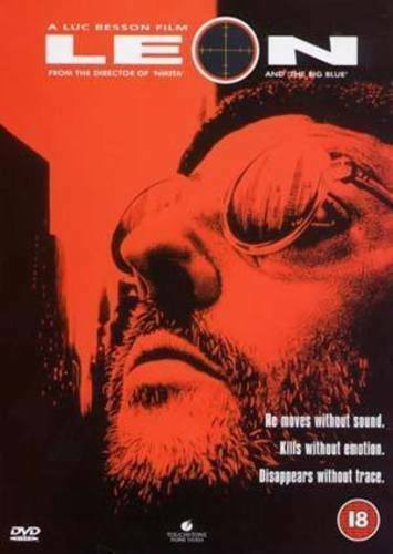 DVD cover for the movie 'Leon' featuring a close-up portrait of a man with sunglasses and a red tinted background, indicating a dramatic scene likely from the movie.