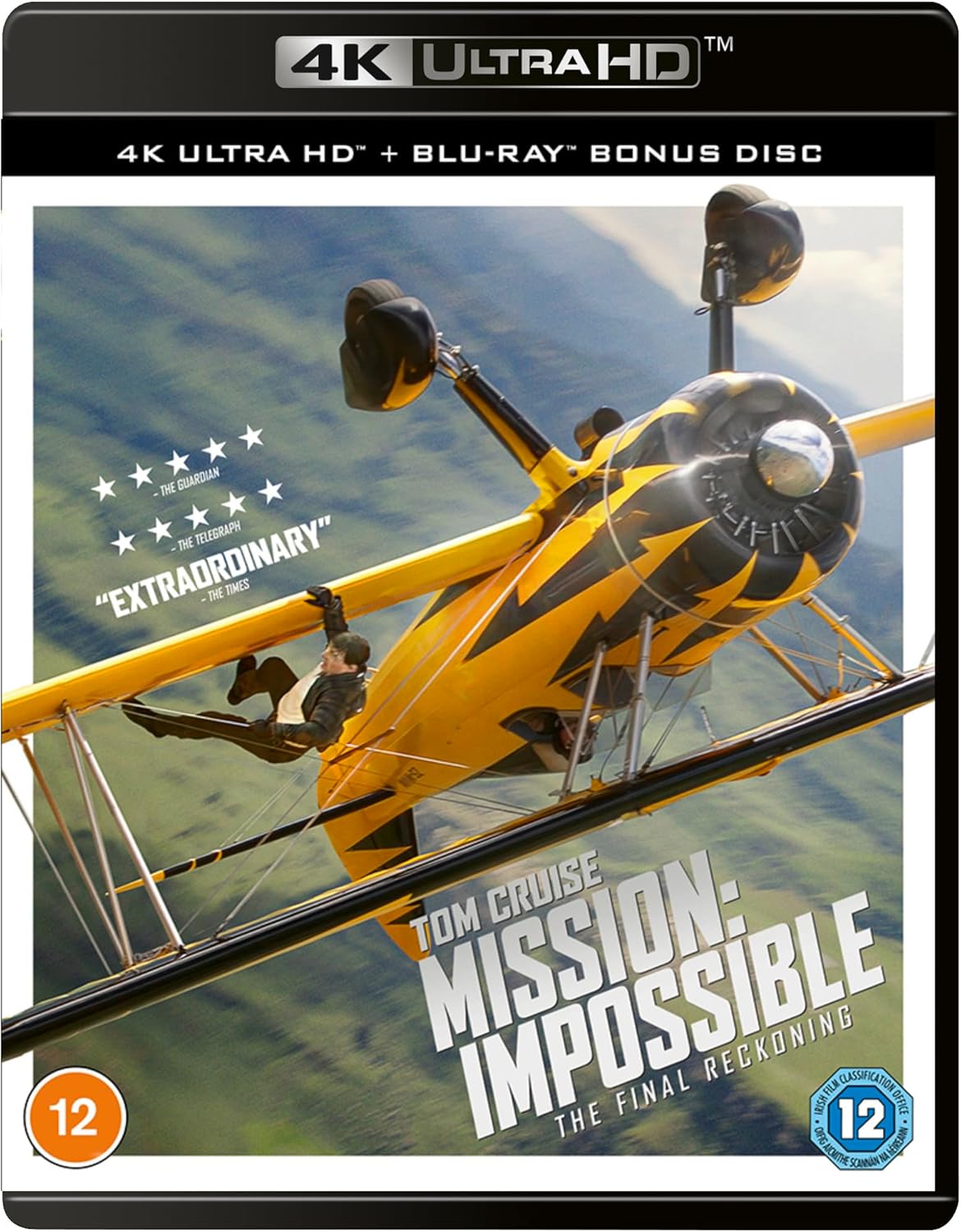 Blu-ray cover of 'Mission: Impossible - The Final Reckoning' with a yellow airplane and Tom Cruise.