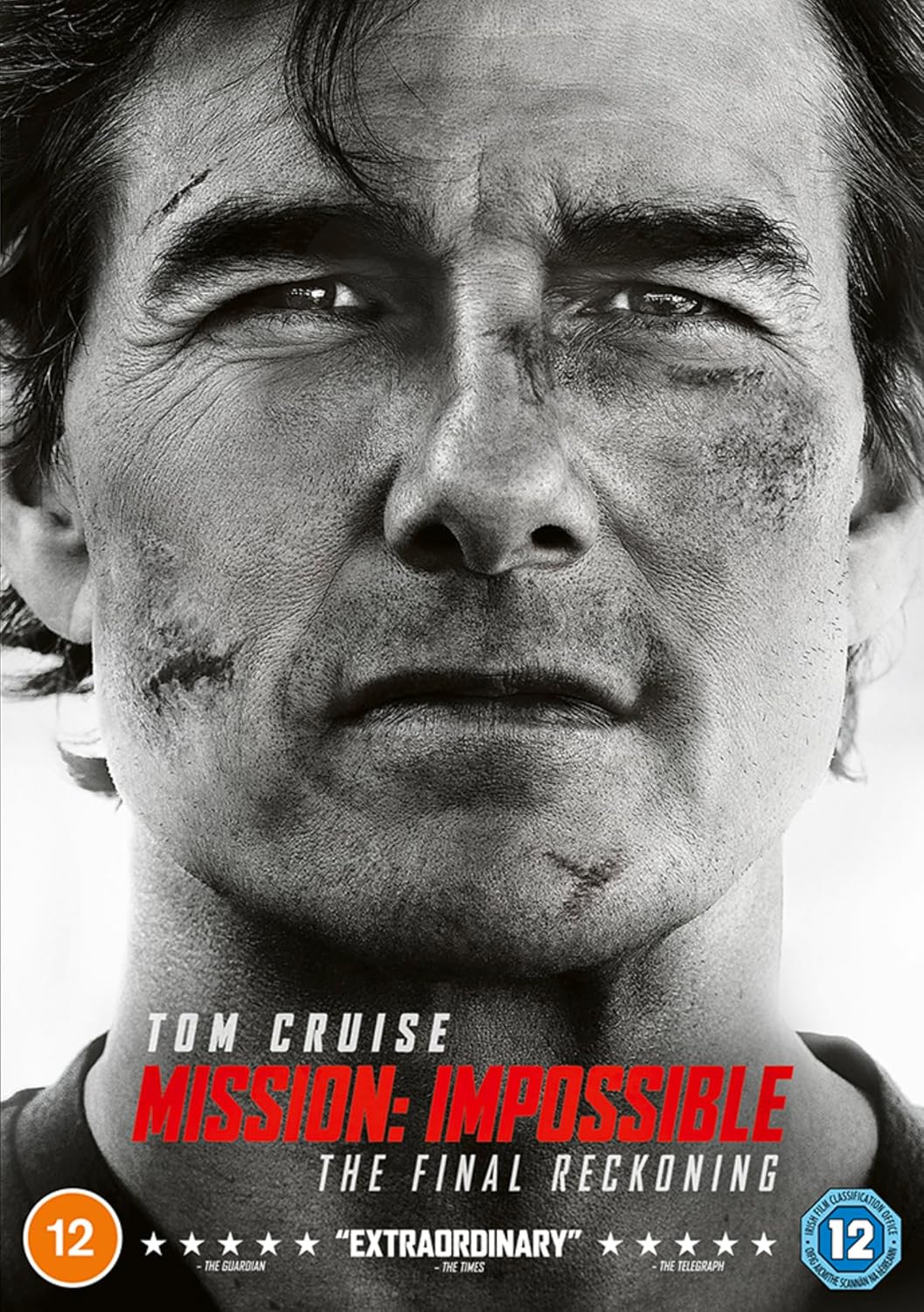 Black and white close-up of a person with facial markings, featuring text about 'Mission: Impossible - The Final Reckoning'.