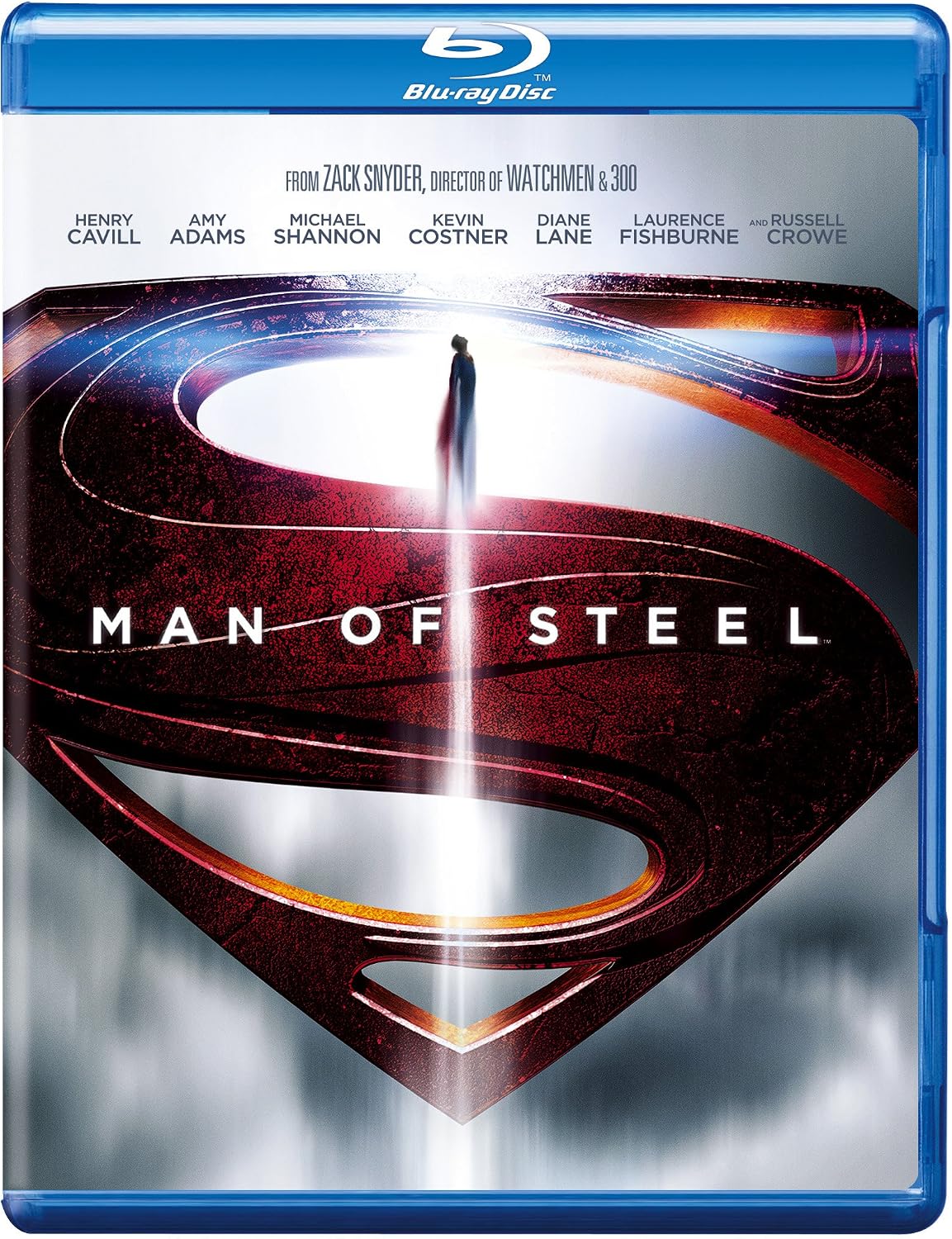 Blu-ray cover for Man of Steel, featuring the large stylized Superman 'S' shield in red, gold, and dark tones with a bright vertical light beam and the title text across the center. The blue Blu-ray case border is visible around the cover.