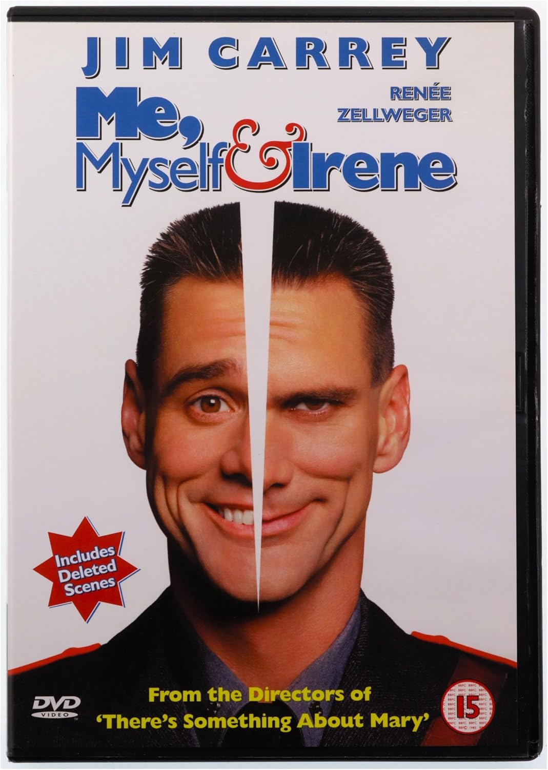 DVD cover for the movie 'Me, Myself & Irene' starring Jim Carrey, featuring a split portrait of Jim Carrey with one half smiling and the other half showing a different expression. The cover has a white background with blue and red title text, a red starburst that says 'Includes Deleted Scenes,' and a DVD Video logo in the bottom left corner.