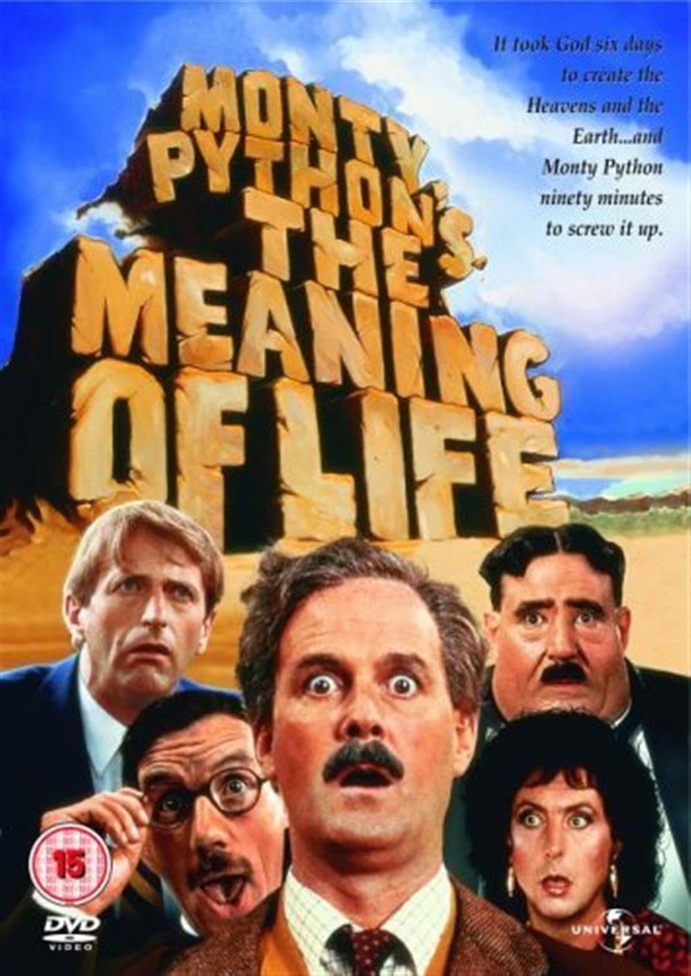 Movie poster for 'Monty Python's The Meaning of Life' with characters and text.