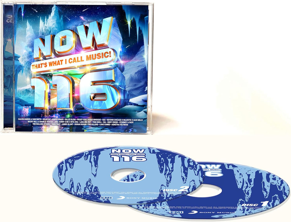 A music CD set titled 'NOW THAT'S WHAT I CALL MUSIC! 116' shown with the jewel-case cover standing upright and two blue CDs placed in front on a white background.