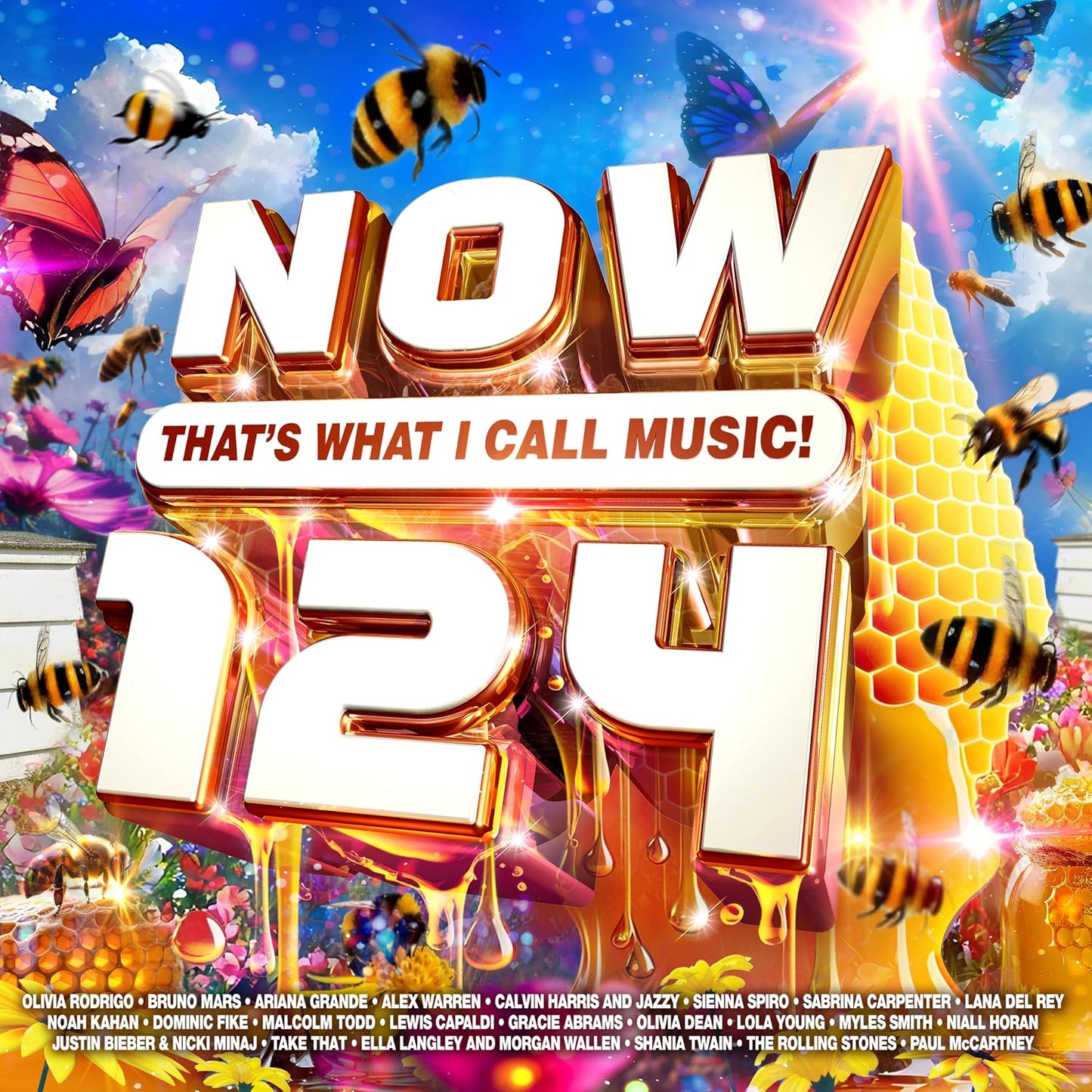 Promotional poster for 'NOW That's What I Call Music! 124' with bees, honeycomb, and colorful background.