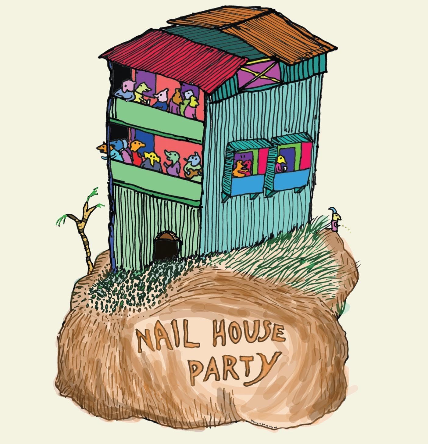 Colorful illustration of a 'Nail House Party' with a small house on a beige background.