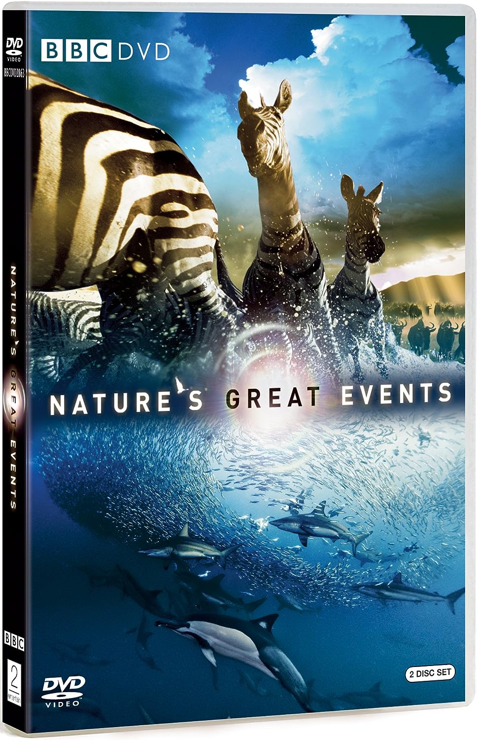 DVD cover for 'Nature's Great Events' featuring images of wild animals in a natural setting, such as a zebra, a giraffe, and a crocodile, with a backdrop of a body of water and a stormy sky.