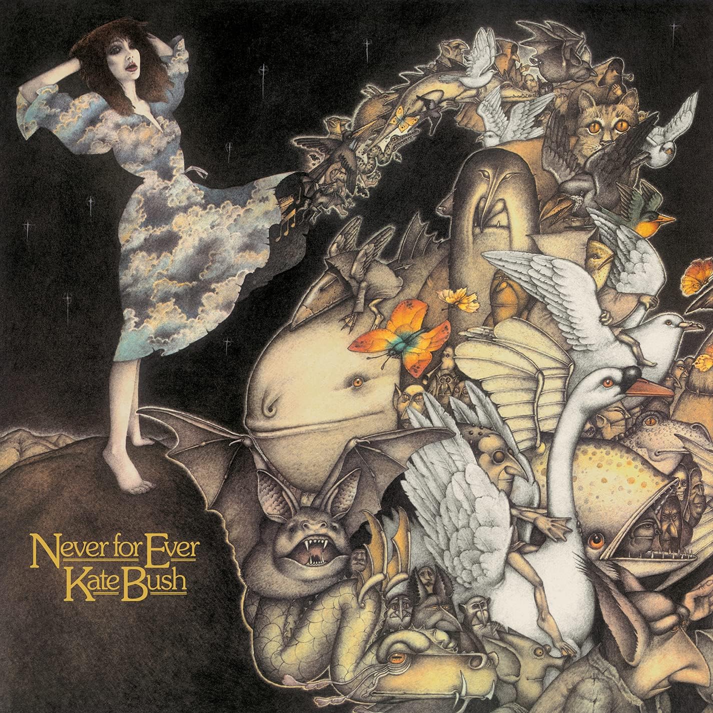 Album cover for 'Never for Ever' by Kate Bush featuring a woman and various creatures.