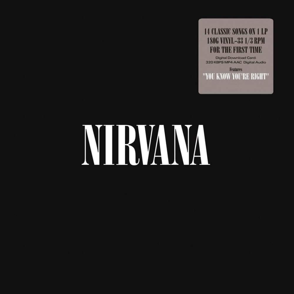 This image displays the vinyl release of "Nirvana" by the band of the same name. The album cover is stark, featuring a minimalist design with the band's name in bold, white text against a dark background.
