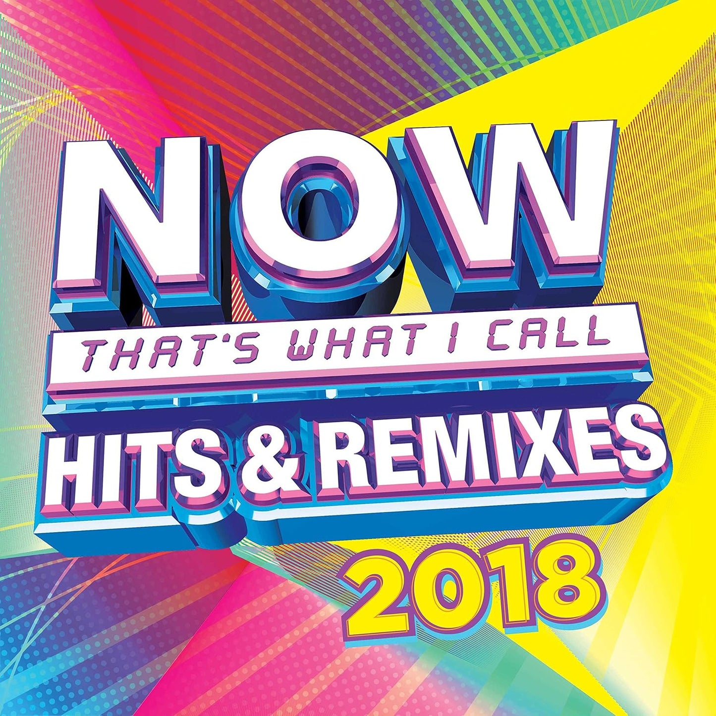 Album cover for 'NOW That's What I Call Hits & Remixes 2018' with colorful design