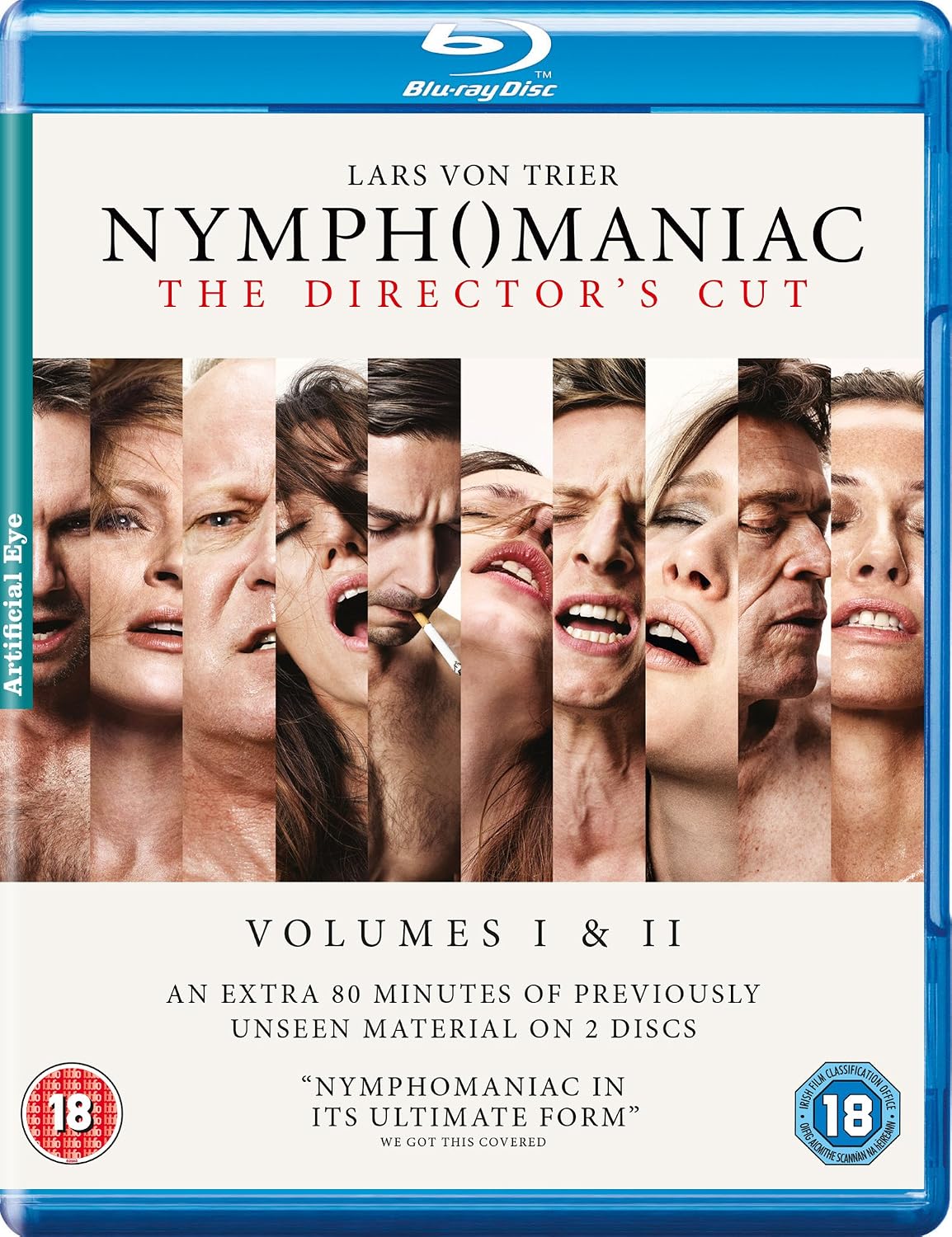 Blu-ray cover for Nymphomania: The Director's Cut, featuring a collage of multiple close-up faces on a white background with a blue Blu-ray case border. Visible text includes Lars von Trier, Volumes I & II, 18 rating logos, and the Blu-ray Disc logo.