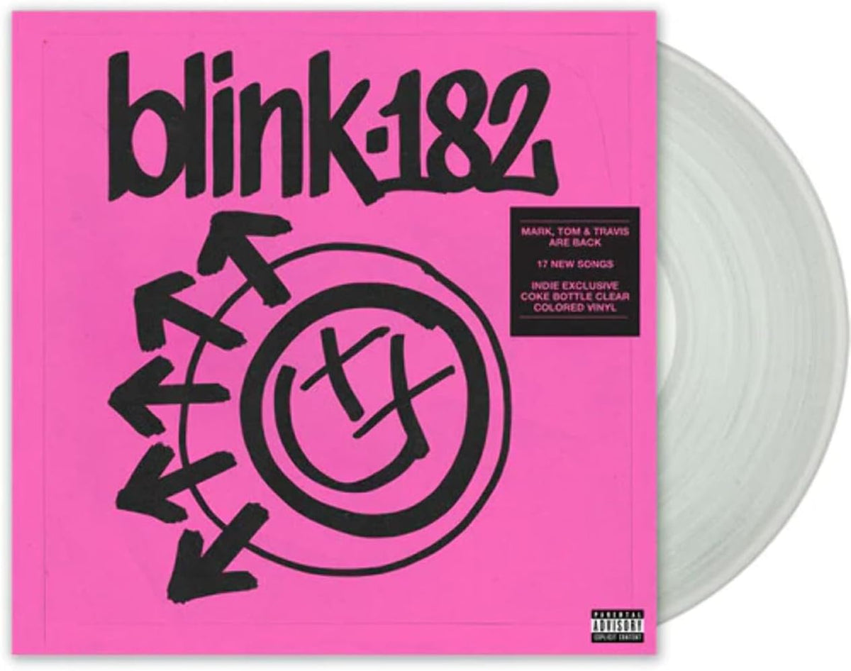 Blink-182 'Mark, Tom & Travis Are Back' colored vinyl LP with a bright pink cover and a translucent clear record partially visible behind it.