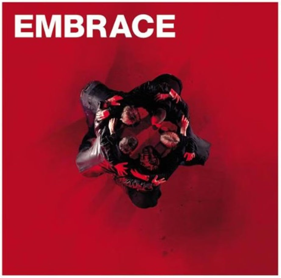 Embrace album cover artwork featuring the band members in a tight circle against a solid red background, with the band name 'EMBRACE' in bold white text at the top.
