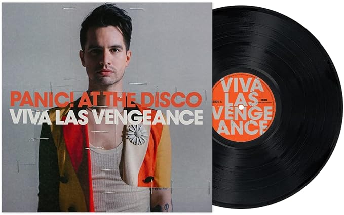 Panic! at the Disco 'Viva Las Vengeance' album cover and a vinyl record with an orange and yellow design.