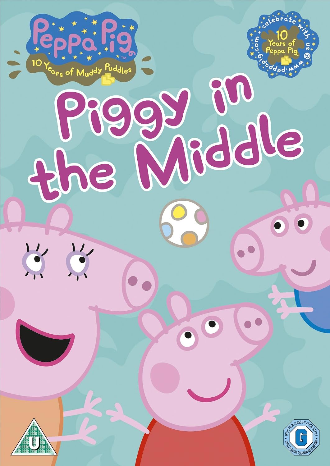 Peppa Pig: Piggy in the Middle DVD cover, featuring Peppa, George, and Mummy Pig on a light blue background with the title in large pink letters.