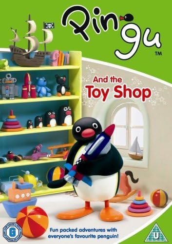 Cover of 'Pingu and the Toy Shop' with a penguin character holding a toy in a toy store setting.