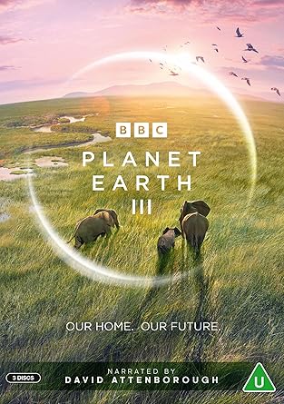 DVD cover for 'Planet Earth III' featuring a landscape image with wildlife and the BBC logo, narrated by David Attenborough.