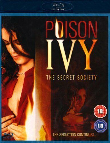 Blu-ray cover for the movie 'Poison Ivy: The Secret Society' featuring a woman with red hair and a flame in the background, indicating a thematic horror genre.