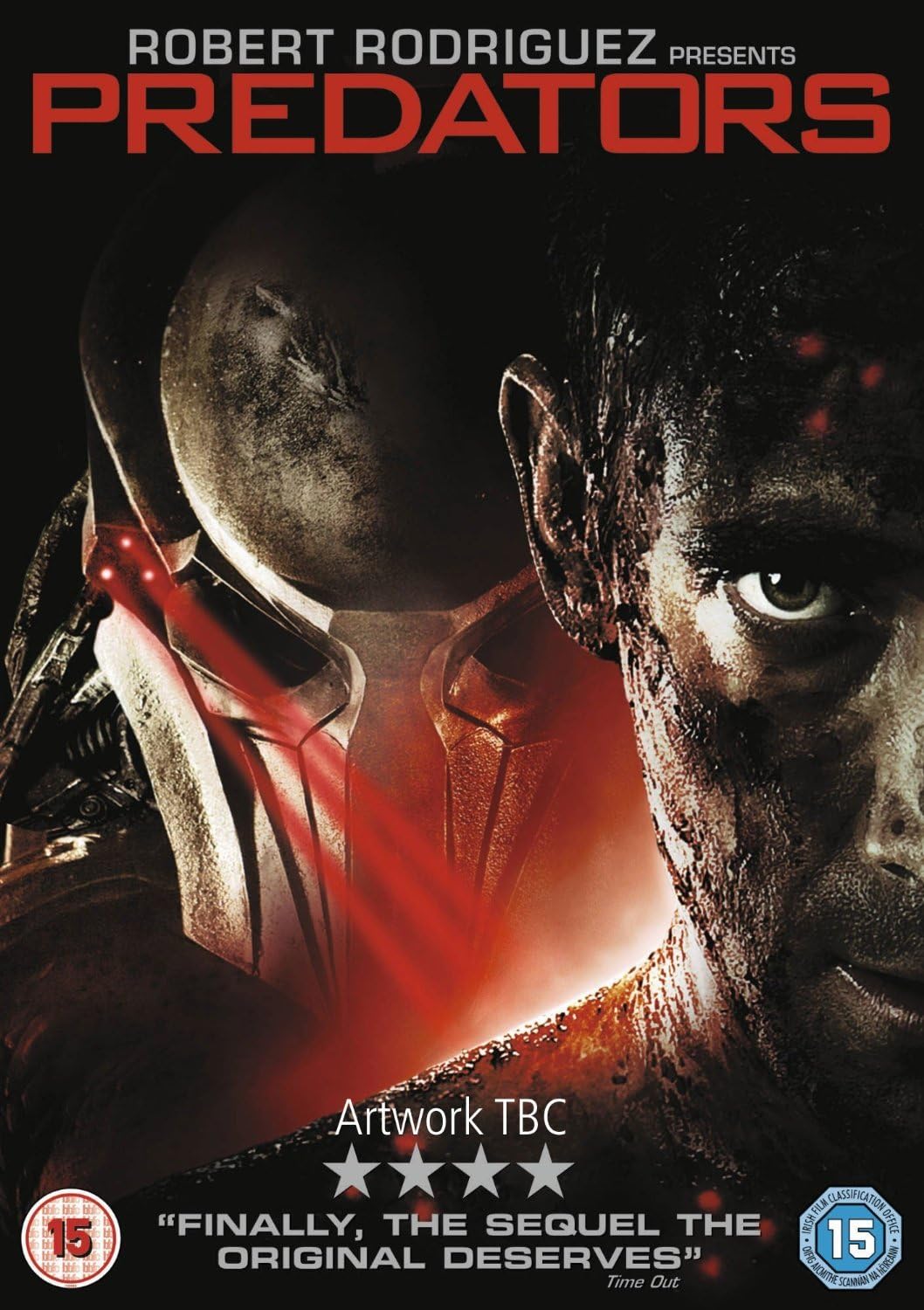 Movie poster for 'Predators' featuring two characters facing each other with a dark background.