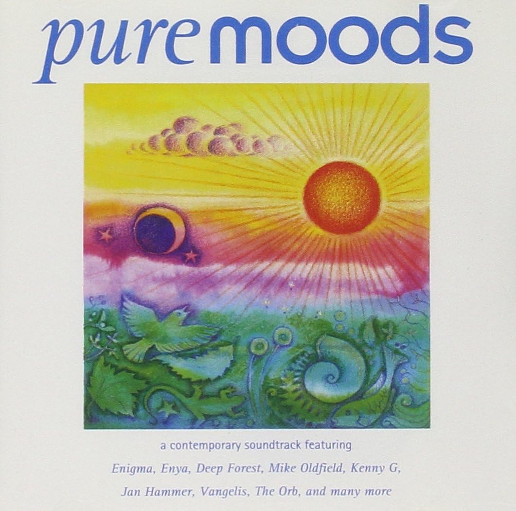 Album cover for 'pure moods' with a colorful design featuring a sun, moon, and nature elements.