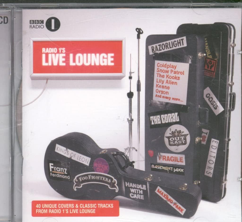 CD cover for Radio T's Live Lounge, featuring illustrated guitar cases with band names and album text on a white background.