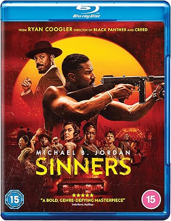 Blu-ray cover of 'Sinners' featuring a group of people with a gun and a sunset background.