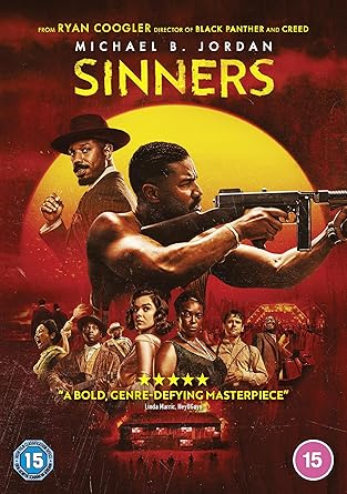 Movie poster for 'Sinners' featuring two men with guns and a red background.