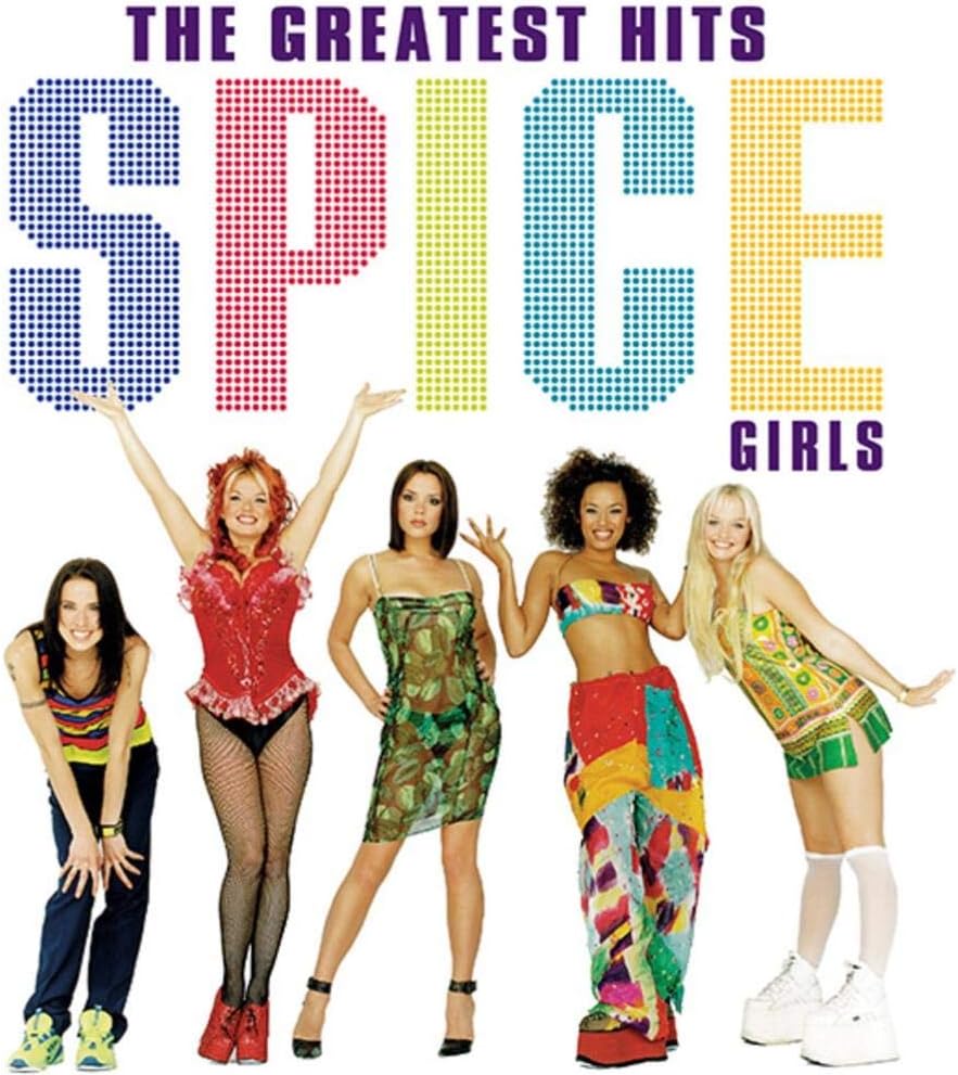 The cover of Spice Girls Greatest Hits vinyl LP featuring the members of the band in colorful attire, posing with their arms raised.