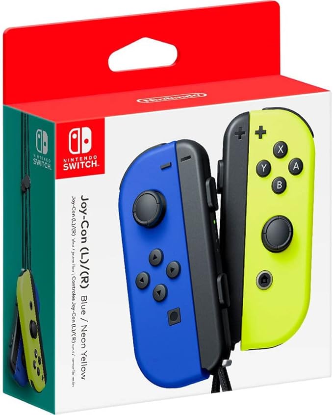 Nintendo Switch Joy-Con (L/R) packaging with blue and neon yellow controllers on a white background.