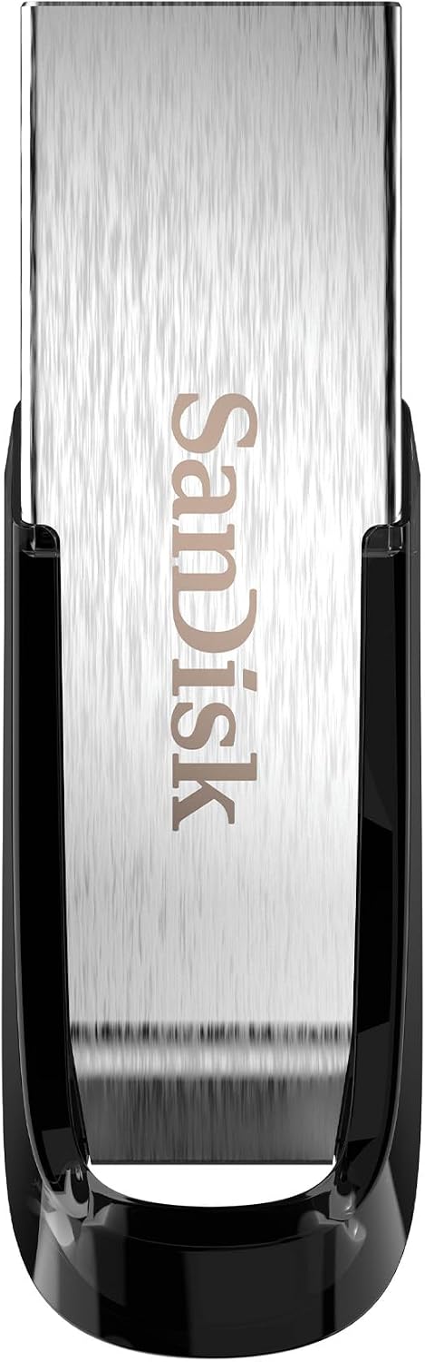 A SanDisk USB flash drive with a brushed silver metal body and a glossy black cap, shown on a plain white background.