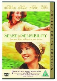 DVD cover for the movie 'Sense and Sensibility' Collector's Edition, featuring two portrait photos of the main character, Elinor, against a yellow-green background with cast names at the top.