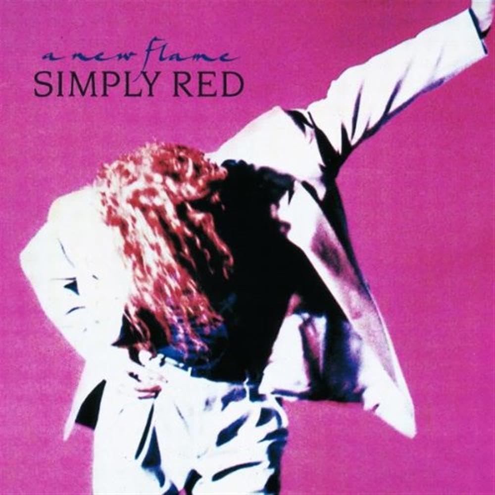 Album cover for 'Simply Red' with a person in a white suit against a pink background