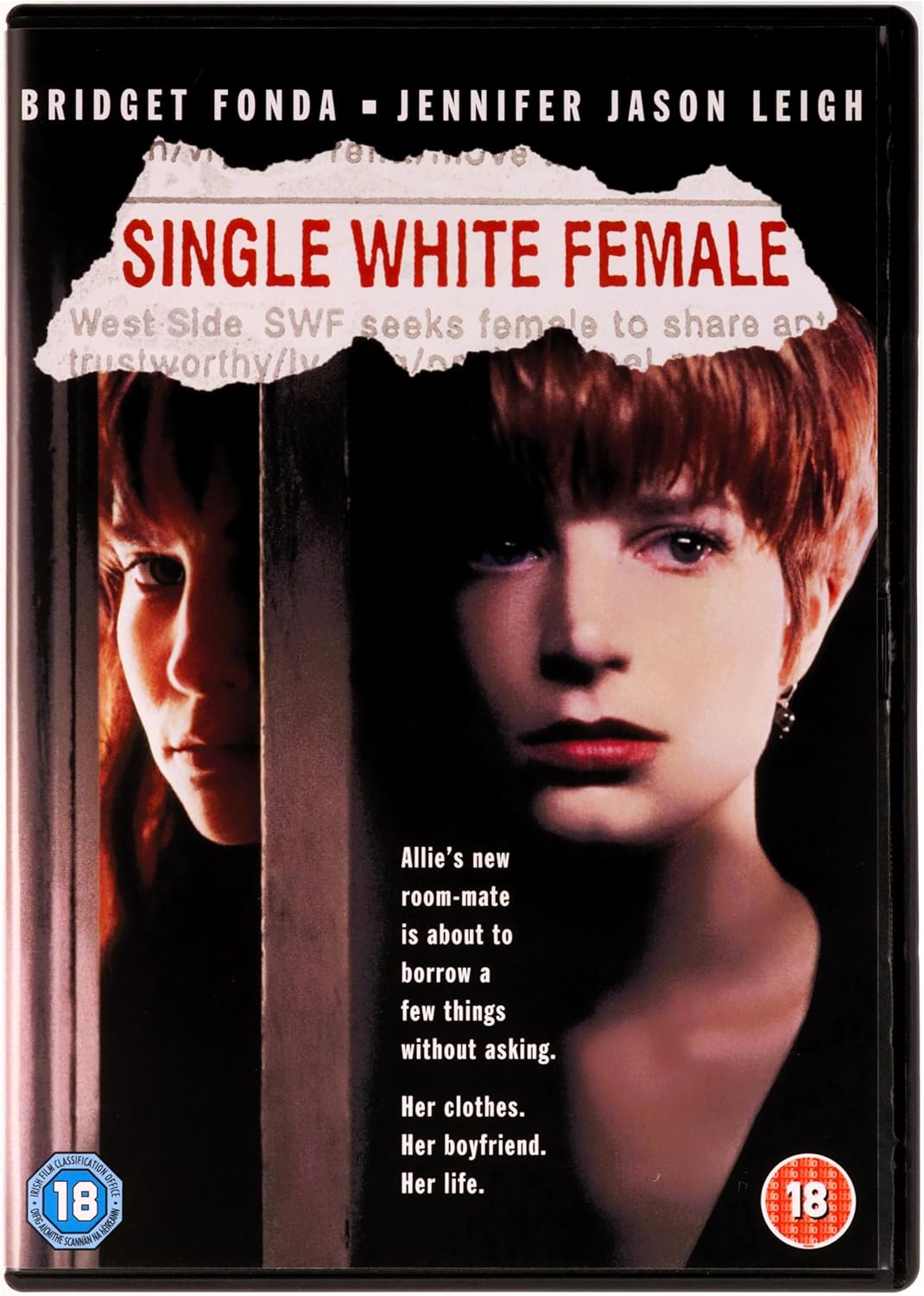 DVD cover for the film 'Single White Female' featuring Bridget Fonda and Jennifer Jason Leigh, with a black background, red title text, and two partially visible faces behind bars.