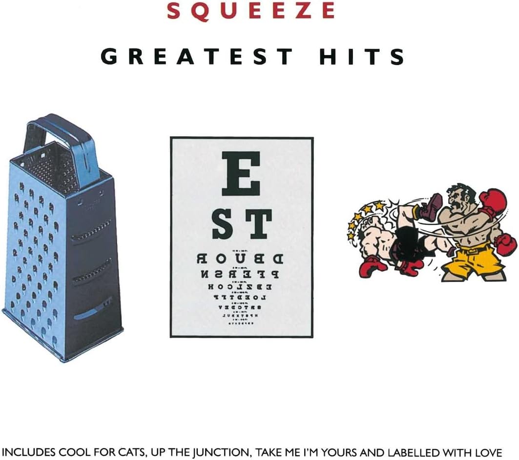 Album cover art for 'Squeeze Greatest Hits' featuring a blue metal grater on the left, an eye chart with the word 'EST' in black on the center, and a cartoon boxing match on the right, all on a white background with the album title at the top.