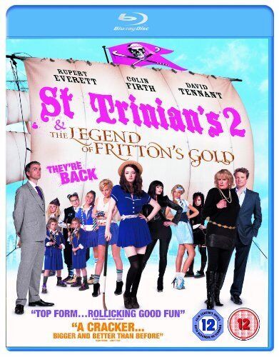 Cover of 'St Trinians 2: the Legend of Fritton's Gold' Blu-ray featuring a collage of the main characters on a pirate ship background, with the actors' names and the film's title prominently displayed.