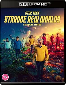 Star Trek: Strange New Worlds Season Three 4K Ultra HD home video cover featuring the crew standing on a colorful alien landscape with the title in large yellow text.