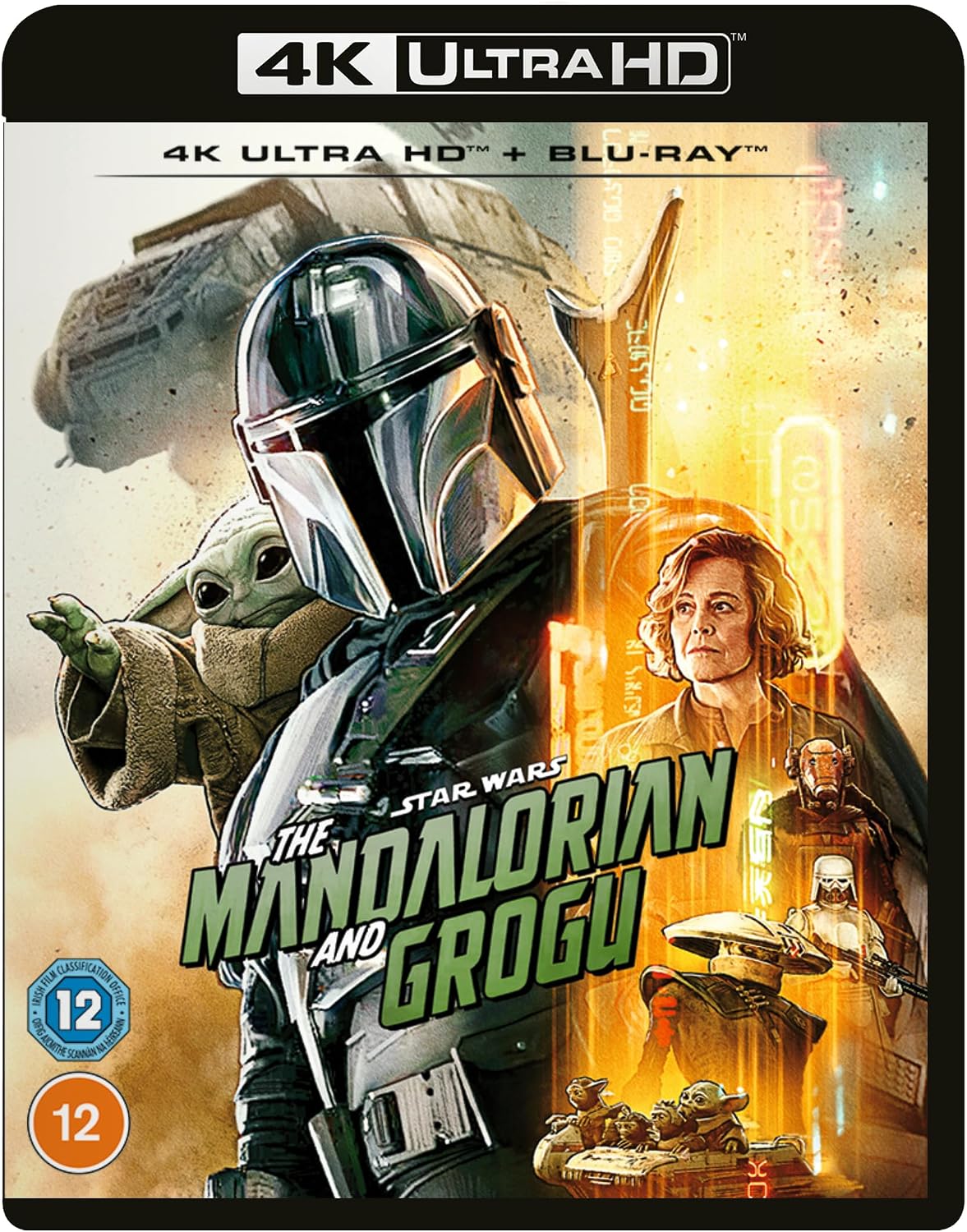 4K Ultra HD + Blu-ray cover for Star Wars: The Mandalorian and Grogu, featuring The Mandalorian in a black helmet, Grogu on the left, and a warm orange-toned sci-fi city scene on the right. The top reads 4K ULTRA HD, with age rating badges 12 and 12 in the lower corners.