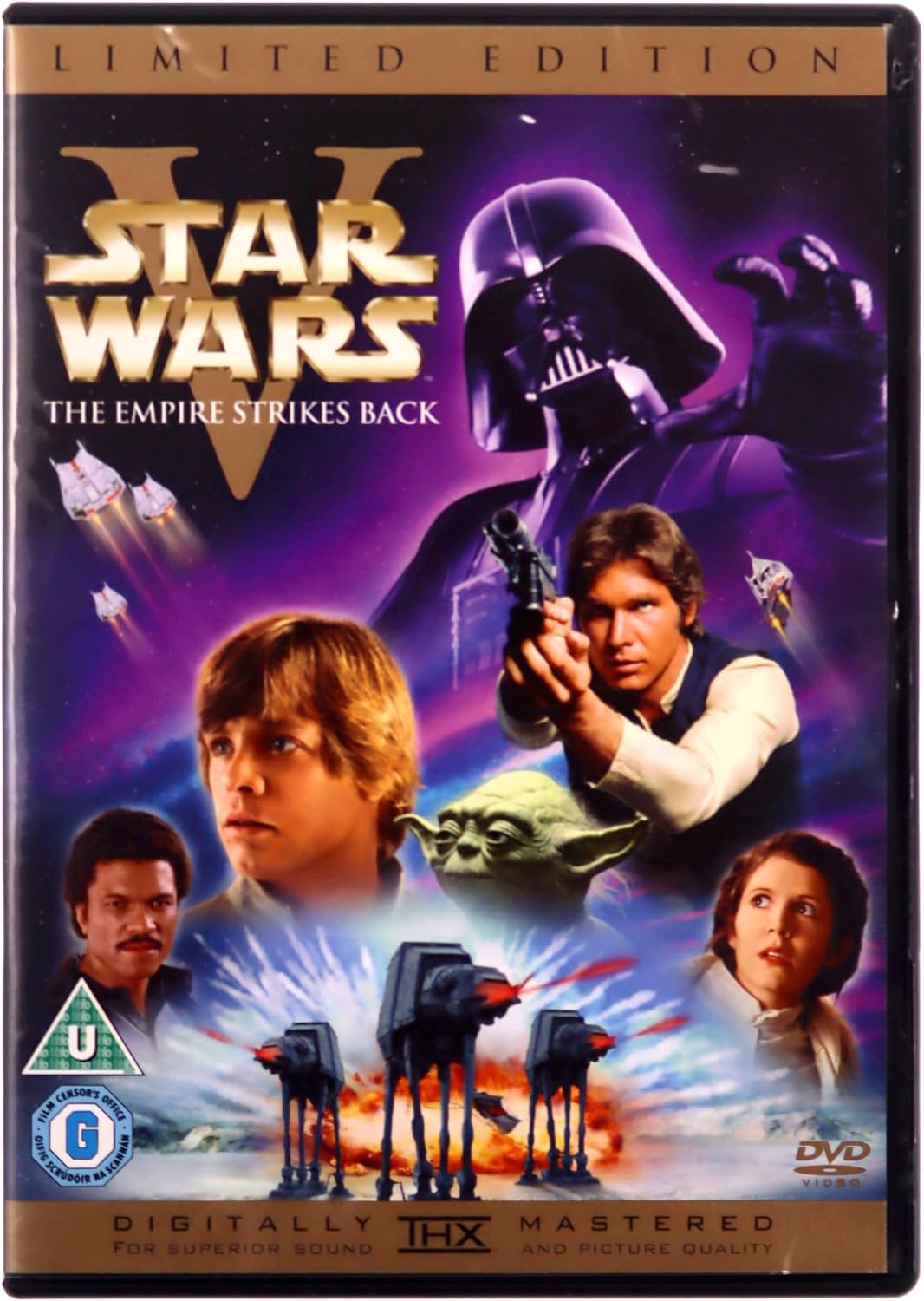 Star Wars: The Empire Strikes Back Limited Edition DVD cover, featuring artwork of Luke Skywalker, Han Solo, Princess Leia, Yoda, Darth Vader, and other characters against a purple space background with AT-AT walkers and a TIE fighter.