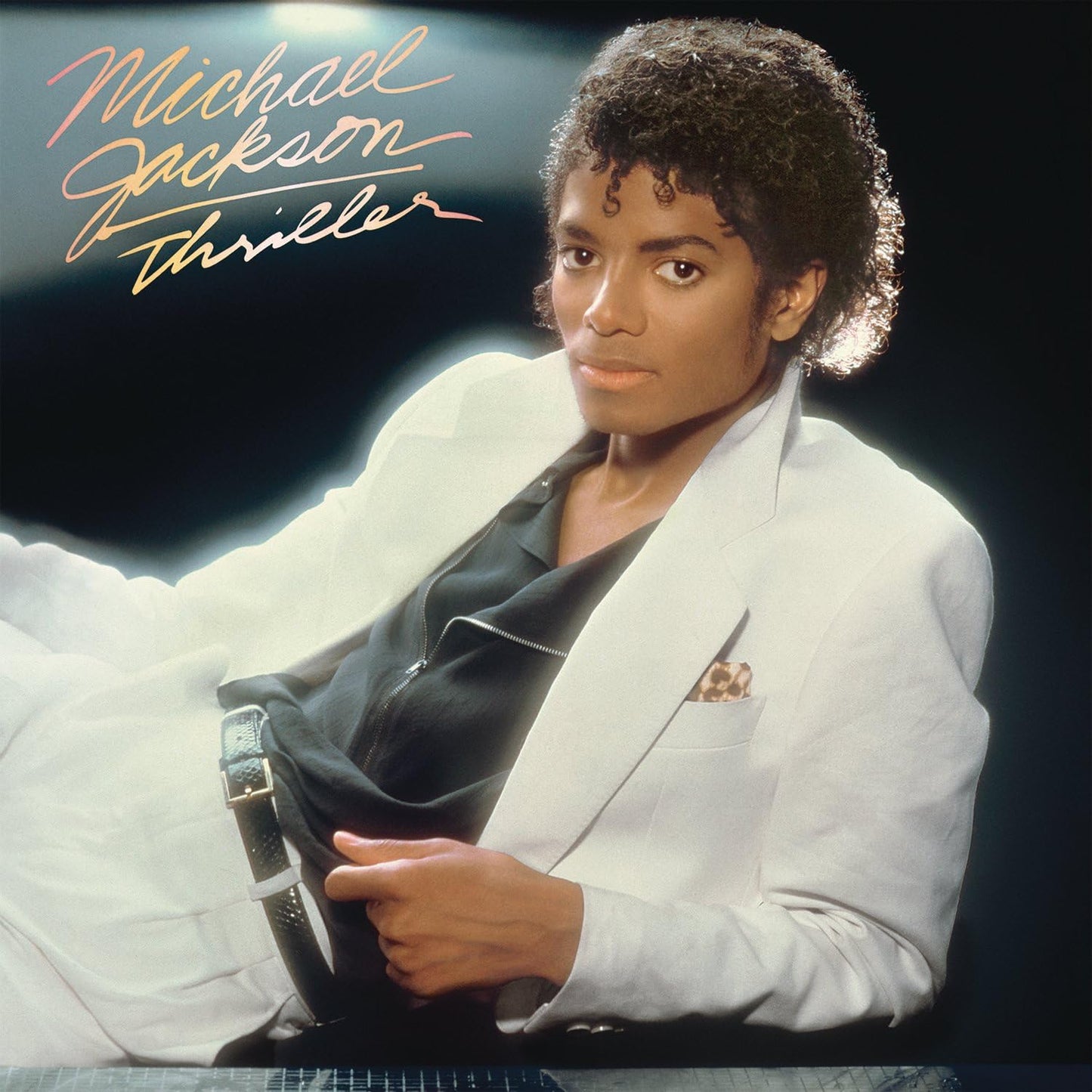 Album cover featuring a person in a white jacket holding a gun, with 'Michael Jackson Thriller' text.
