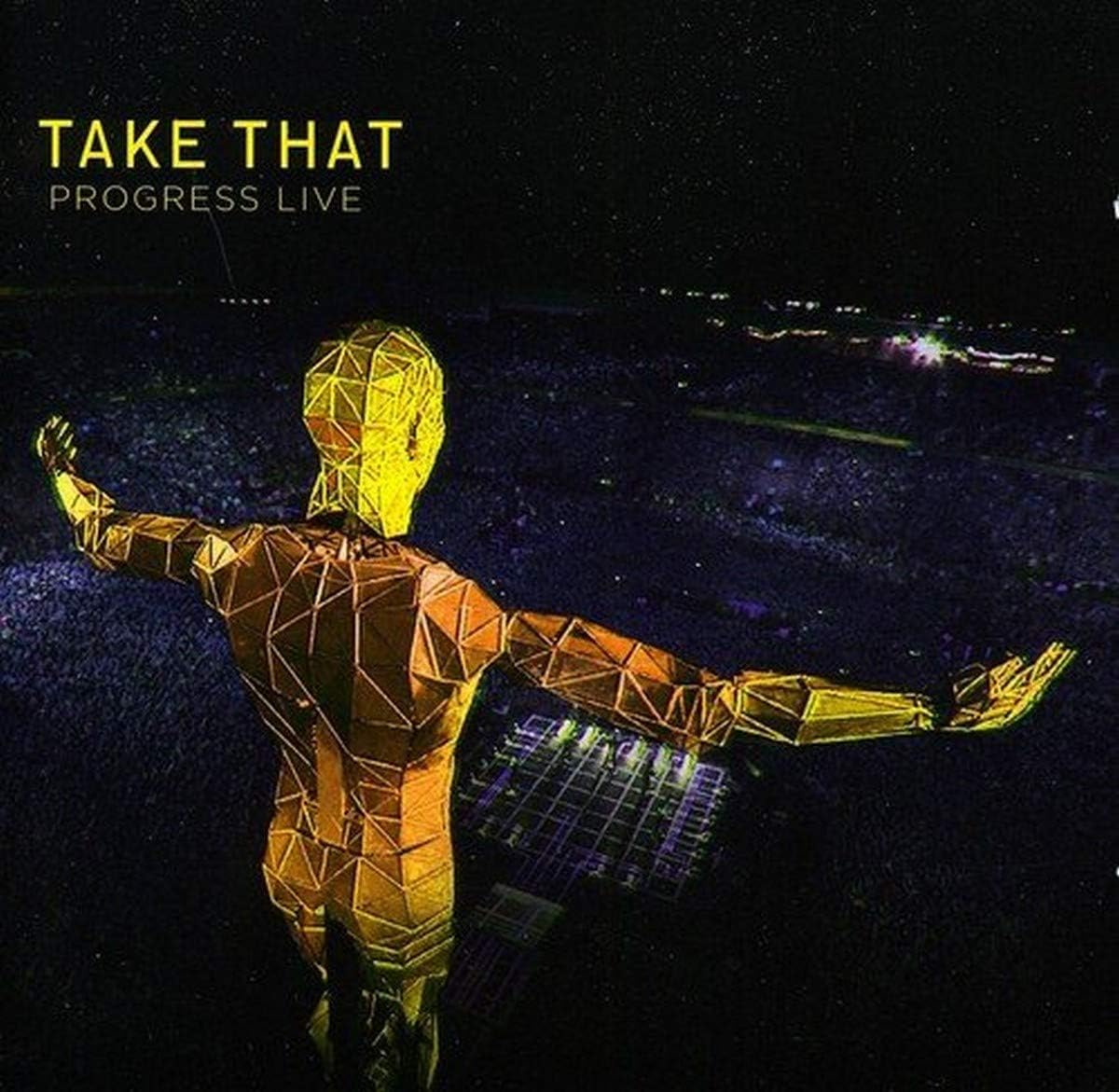 Album cover with a geometric sculpture of a person against a dark background, featuring the text 'Take That Progress Live'.