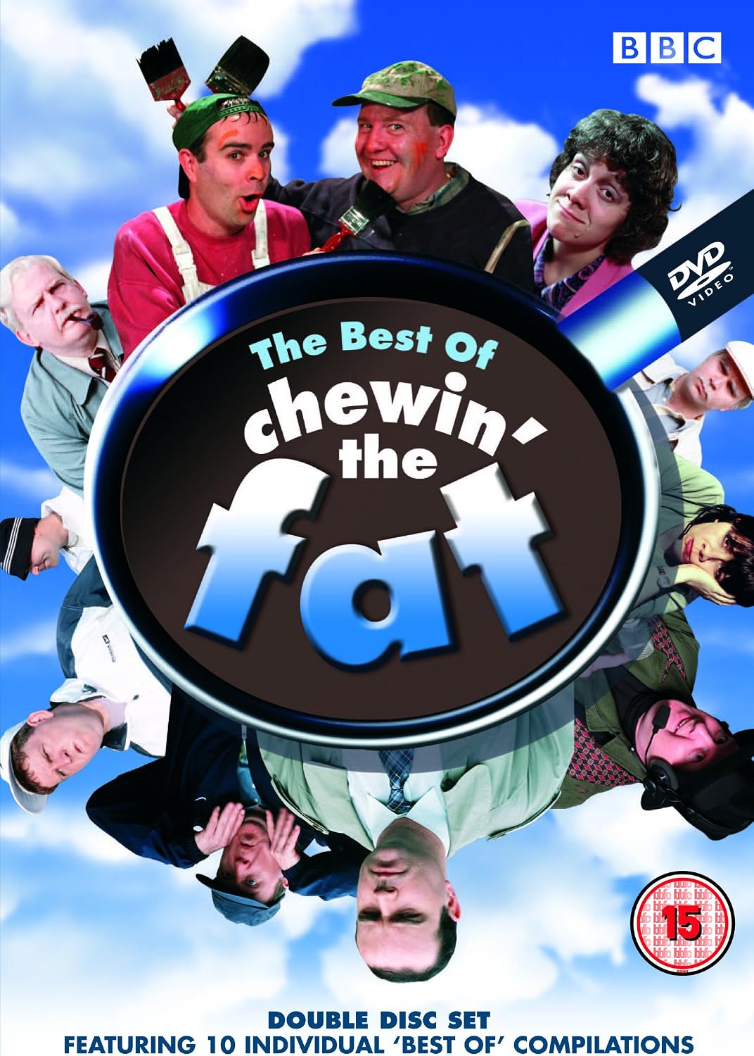 The Best Of Chewin' the Fat double disc DVD set cover, featuring cast members around a large magnifying glass graphic on a blue sky background, with a BBC logo and a 15 rating badge.