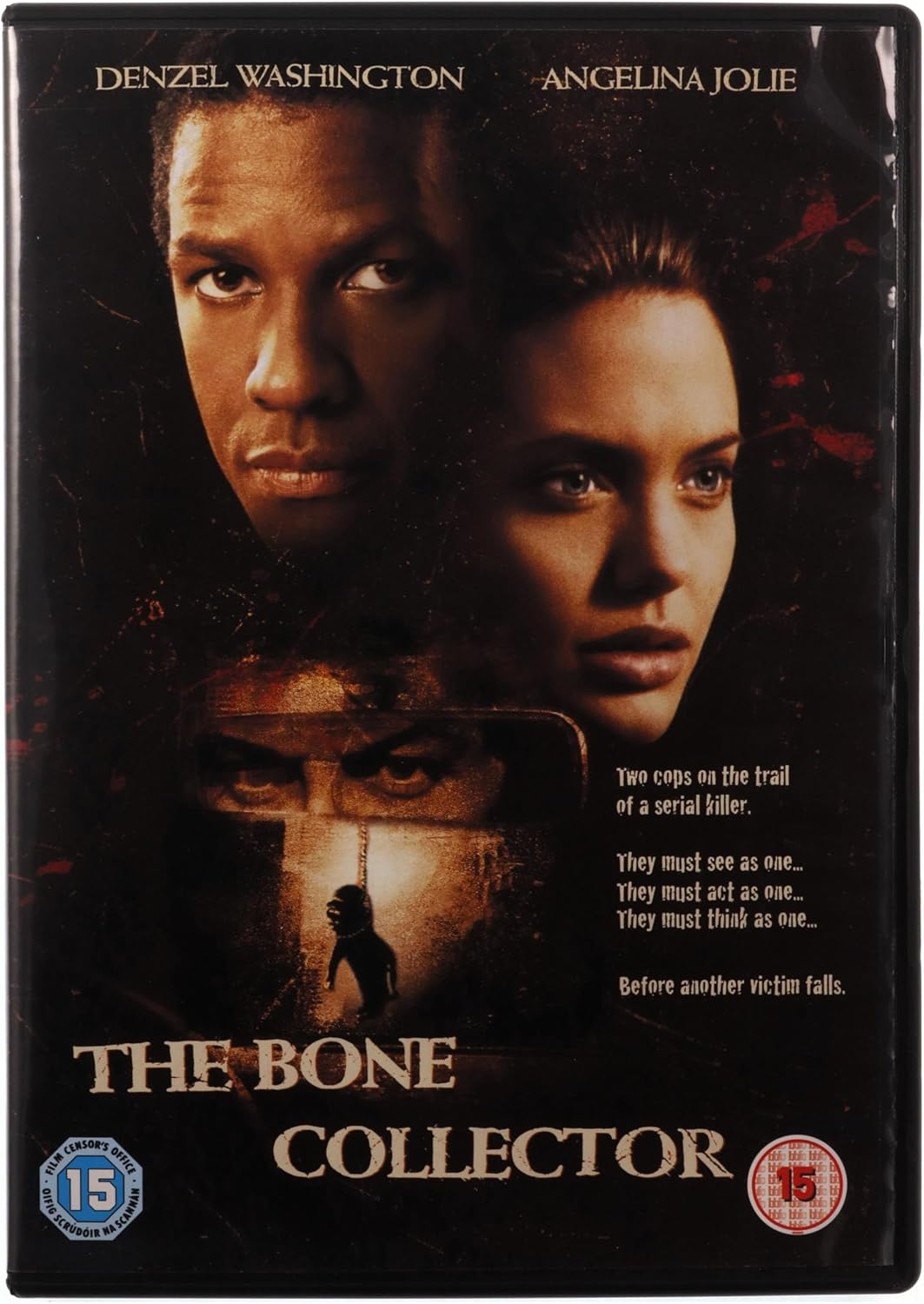 The Bone Collector movie DVD cover featuring Denzel Washington and Angelina Jolie, with the title in large gold letters at the bottom and a 15 age rating badge in the lower left corner.