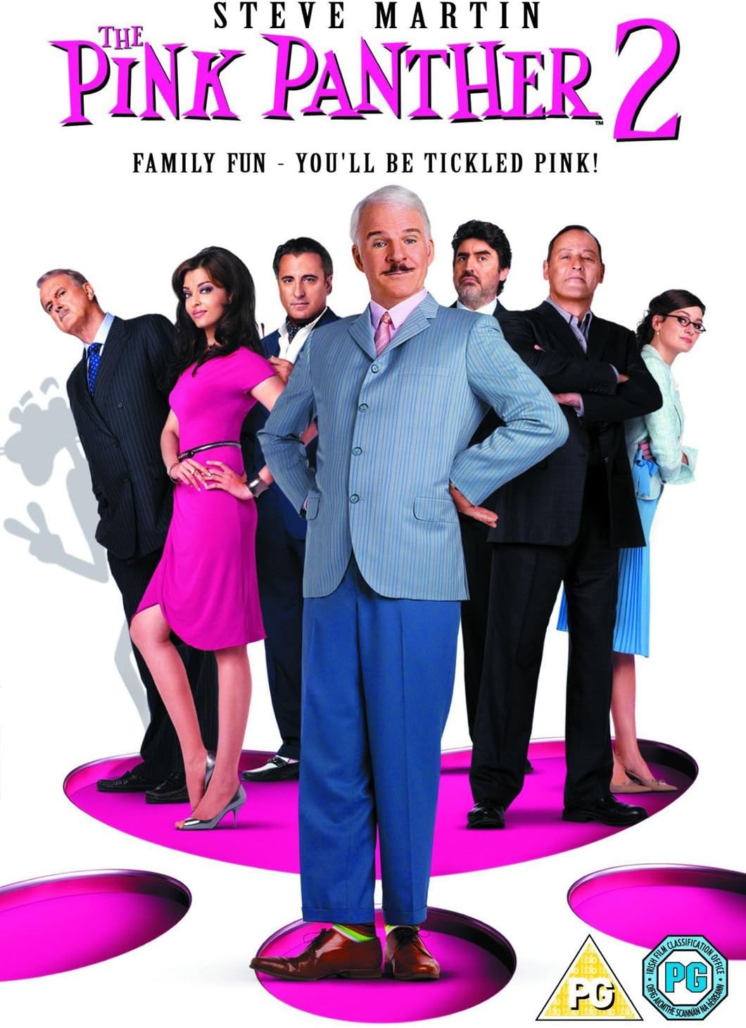 The Pink Panther 2 movie poster featuring Steve Martin as Prince Astor, surrounded by cast members including Nicole Kidman and Jack Black on a white background with pink circular platforms.