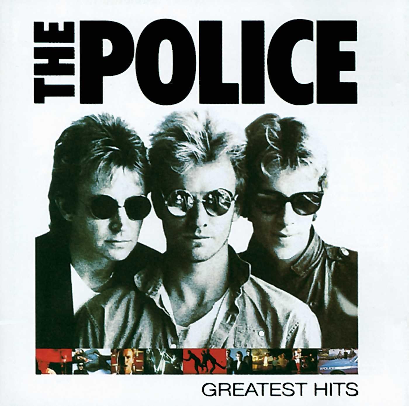 Album cover of 'Greatest Hits' by The Police with black and white photo of band members and red and yellow graphic at the bottom.