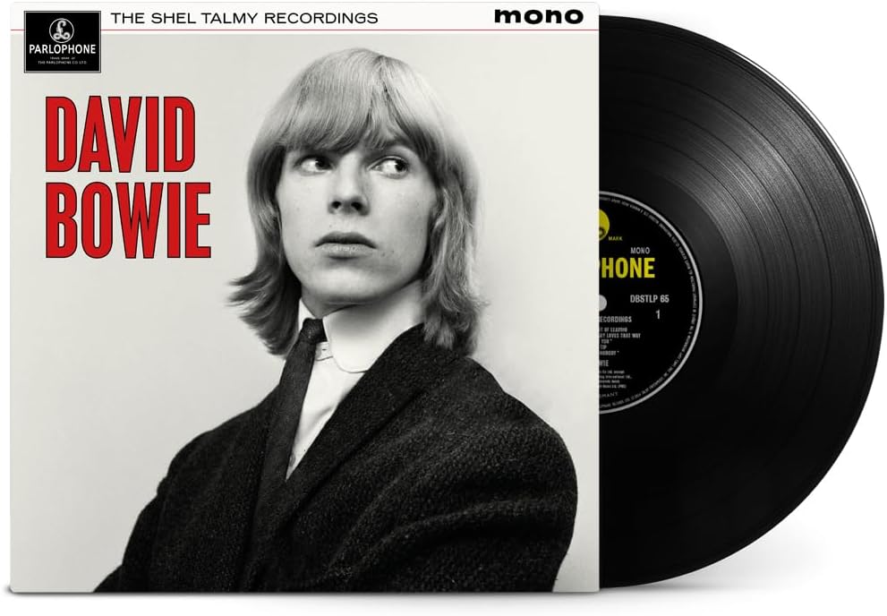 David Bowie 'Shel Talmy' vinyl record LP shown with its album cover and a portion of the black record visible. The cover features a black-and-white portrait of David Bowie with bold red 'DAVID BOWIE' text on a light background.